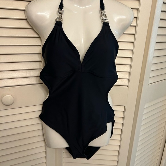 Black One-Piece Swimsuit with Silver Ring Accents - Picture 1 of 2